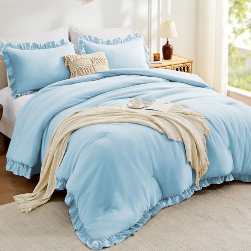 Image of FUANNA Full Size Comforter Sets Light Blue, 3 Pieces Ruffle Full Size Bedding Sets, Fluffy Bed in a Bag Full for All Seasons, Shabby Chic Full Bed Set with 1 Lightweight Comforter & 2 Pillowshams