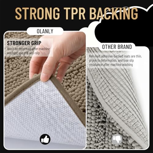 Image of OLANLY Thick Small Bathroom Rugs 24x16, Extra Soft Absorbent Chenille Striped Bath Rugs, Rubber Backing, Machine Wash, Bath Mats for Bathroom Floor, Tub and Shower, Home Decor Accessories, Tan
