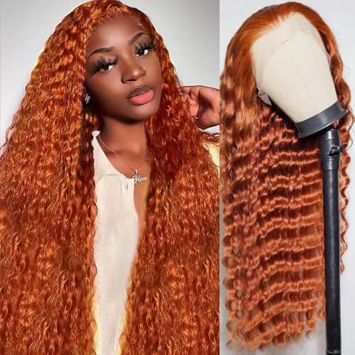 Bilisar Ginger Wig Human Hair 13x6 Deep Wave Lace Front Wigs Human Hair Curly Wigs HD Transparent Lace Frontal 350 Colored Human Hair Wig Pre Plucked 200% Density 28 Inch