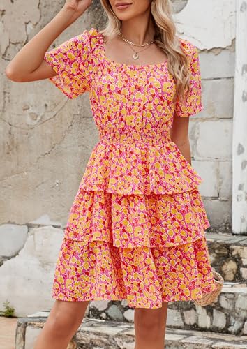 Image of PRETTYGARDEN Women's Summer Floral Ruffle Short Dress | Short Sleeve Square Neck, Flowy Tiered Hem, Fit and Flare, Flower Boho Dresses, Cute Beach Vacation Outfits, Fashion Clothing