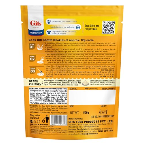 Image of Gits Instant Khatta Dhokla Mix, Makes 100 Per Pack, Pure Veg, Instant Indian Snack Mix, 1500g (Pack of 3, 500g Each)