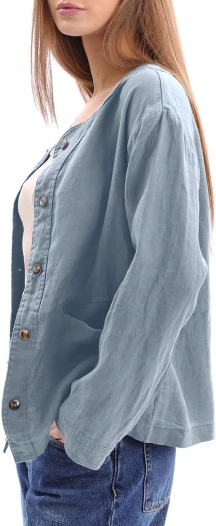 Amazhiyu Women's 100% Linen Long Sleeve Button Up Crew Neck Lightweight Cardigan - Image 3