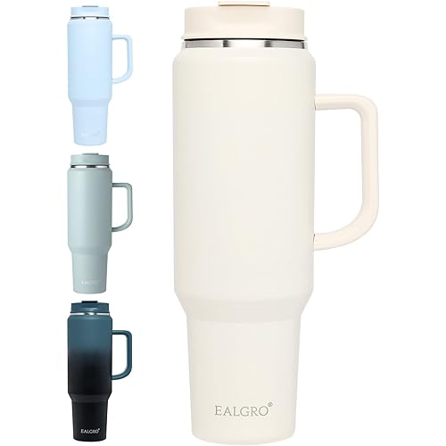 50 oz Tumbler with Handle, Insulated Tumblers with Lid and Straw, Large Metal Sports Water Bottle Jug, Thermal Stainless Steel Travel Coffee Mug Cup, Cream