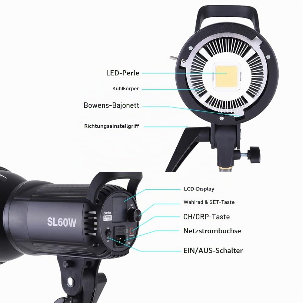 Godox SL-60W 5600K 60W Hochleistungs-LED-Videoleuchte mit Bowens-Halterung für Fotostudio-Fotografie-Videoaufzeichnung (Ohne Fernbedienung)