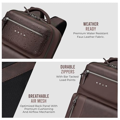 Image of Gear 9 to 5 17 inch /25L Medium Water Resistant Faux Leather Anti Theft Laptop Backpack | Casual Backpack | Travel Backpack for Men /Women (Brown - Brown)