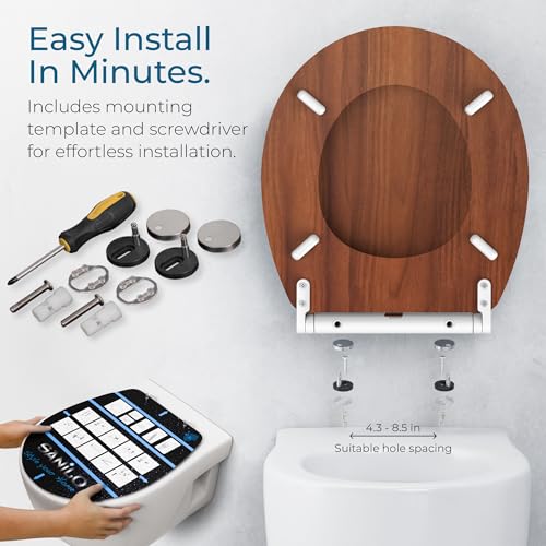 Image of Sanilo Wooden Toilet Seat with Quick Release & Soft Close [ROUND] - Decorative & Slow Close Molded Wood Seat - With One Click for Easy Installation & Cleaning - With Adjustable Fit (Mahogany)