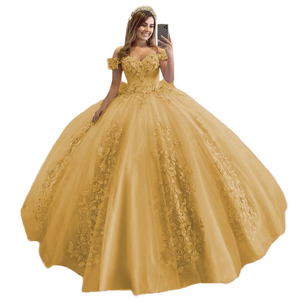 XYAYE Women's Off Shoulder Quinceanera Dresses 3D Flower Puffy Lace Beaded Ball Gown Prom Dress for Sweet 15 16 XY069