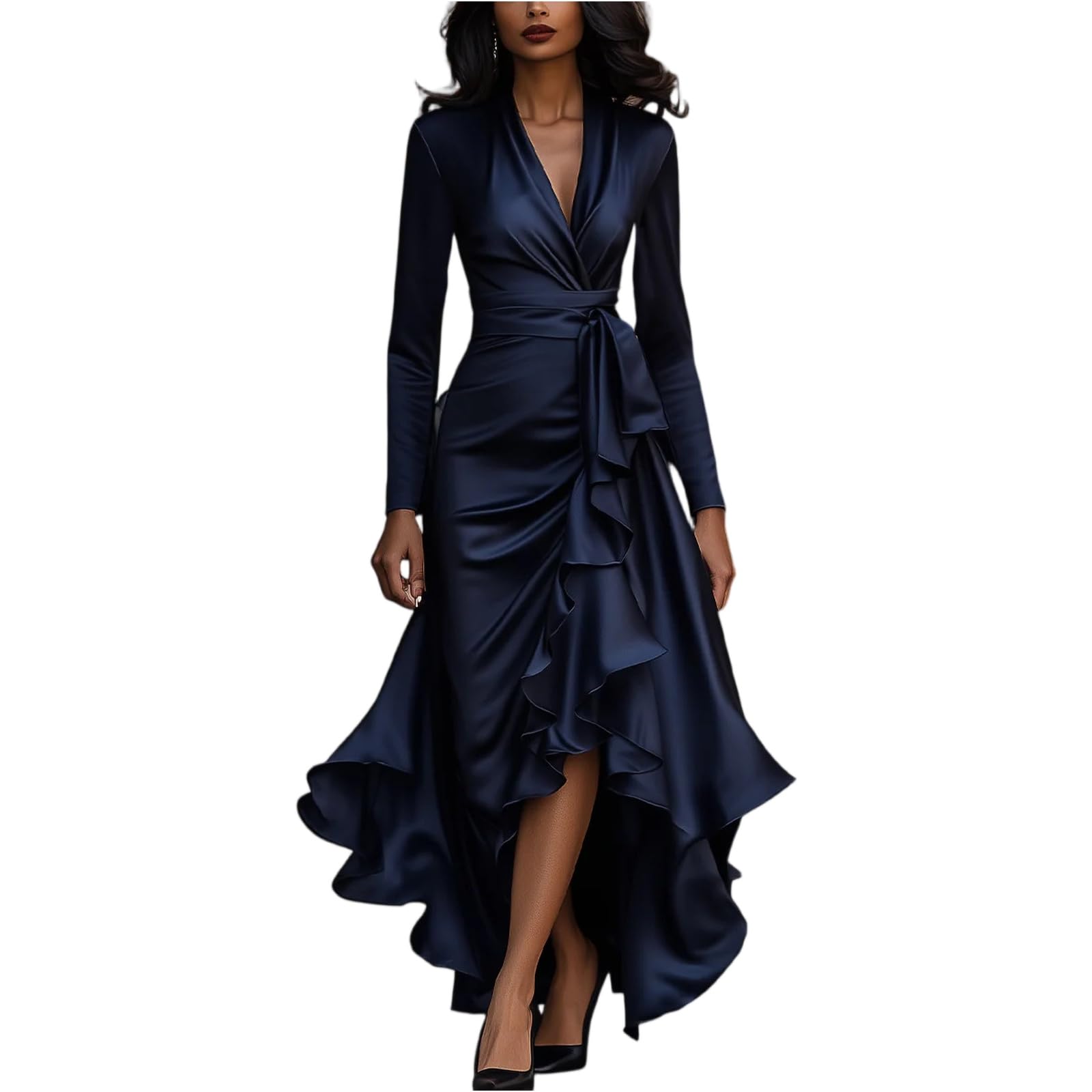 Abendkleider Elegant Für Hochzeit Satin Kleid Festlich Langarm Ballkleider Damen Lang A Linie Cocktailkleid Hochzeitsgast V Ausschnitt Frühlingskleid Maxi Rüschen Korsett Kleider Mit Gürtel
