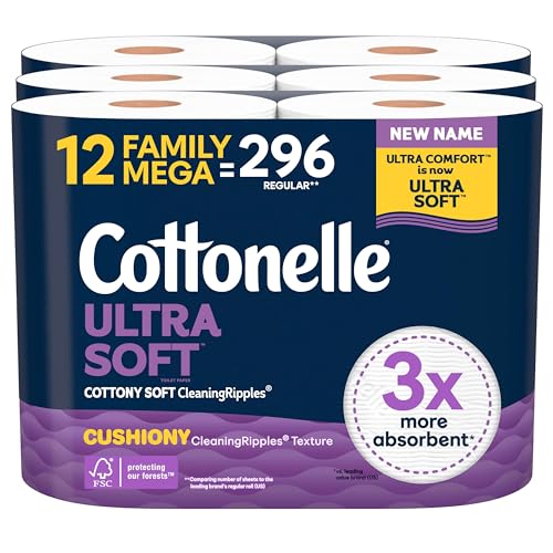 Image of Cottonelle Ultra Soft Toilet Paper with Cushiony CleaningRipples Texture, 12 Family Mega Rolls = 54 Regular Rolls