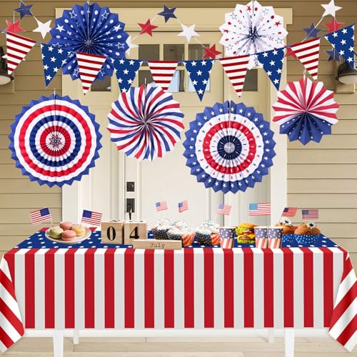Image of 9PCS 4th of July Decorations Red White and Blue Paper Fans, USA Pennant Bunting, Star Streamers, Patriotic Tablecloth for Fourth of July Party Supplies, Memorial Day Veterans Day Patriotic Decor