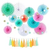 Colorful Hanging Paper Fans Decorations Princess Pink Cream Mint with Glitter Circle Dot Tassel...