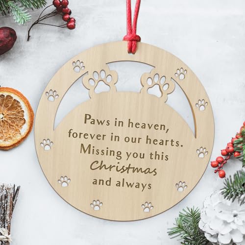 Dog Memory Christmas Wooden Engraved Bauble, Pet Puppy Memorial Xmas Decoration Gift, In Memory Of Cat Dog Pet Animal Ornament, Memorial Christmas Tree Decorations (Paws In Heaven)