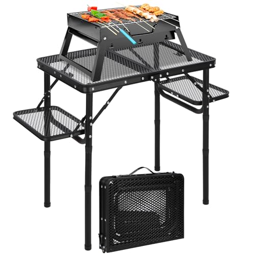 REDCAMP Folding BBQ Table 4-Height Adjustable Aluminum Camping Table with 2 Side Racks Portable Grill Stand for Outdoor Cooking Picnic RV Fishing 90x40cm Black