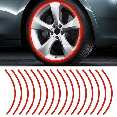 Image of 16PCS 17''-19'' Reflective Wheel Rim Stripe Decal Sticker, Universal Night Safety Tape Reflective Stickers, Waterproof Tire Rim Decoration Stripe Decals for Motorcycle, Car, Bicycle (Red)