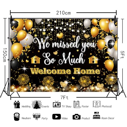 Black Gold Welcome Home Banner Decorations Gold Fireworks Glitter We Missed You So Much Backdrop Black White Balloon Welcome Home Sign For Military Homecoming Deployment Returning Party 5.9x3.6Ft — view 6