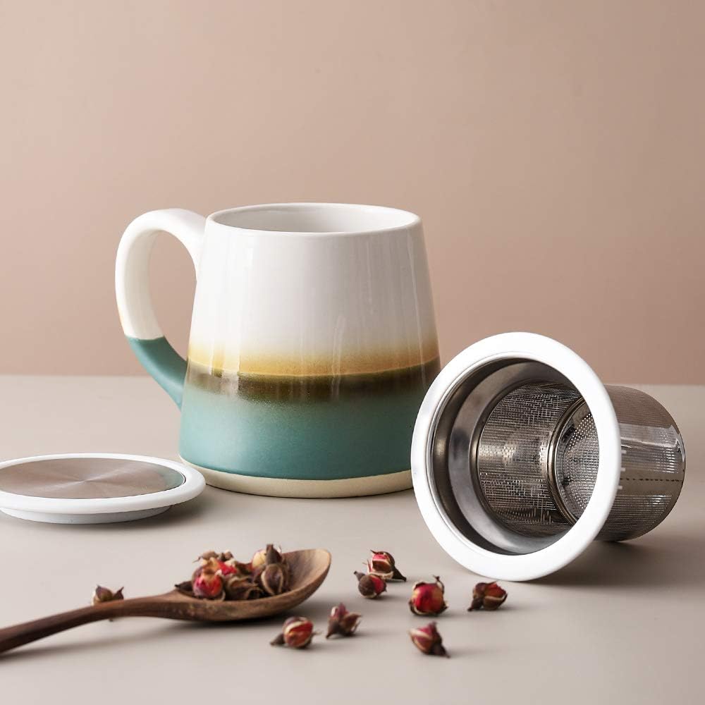 DOWAN Tea Cup with Infuser, 16 OZ Steeping Tea Cups Tea Mug, Tea Infuser Cup with Infuser and Lid, Green