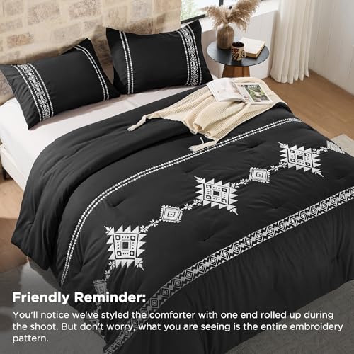 Baskbed Embroidered Comforter Set Queen 3 Piece Boho Bedding Black - image 5