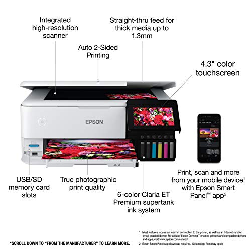 Epson EcoTank Photo ET-8500 Wireless Color All-in-One Supertank Printer with Scanner Copier, Ethernet and 4.3-inch Colorfull Touchscreen - White