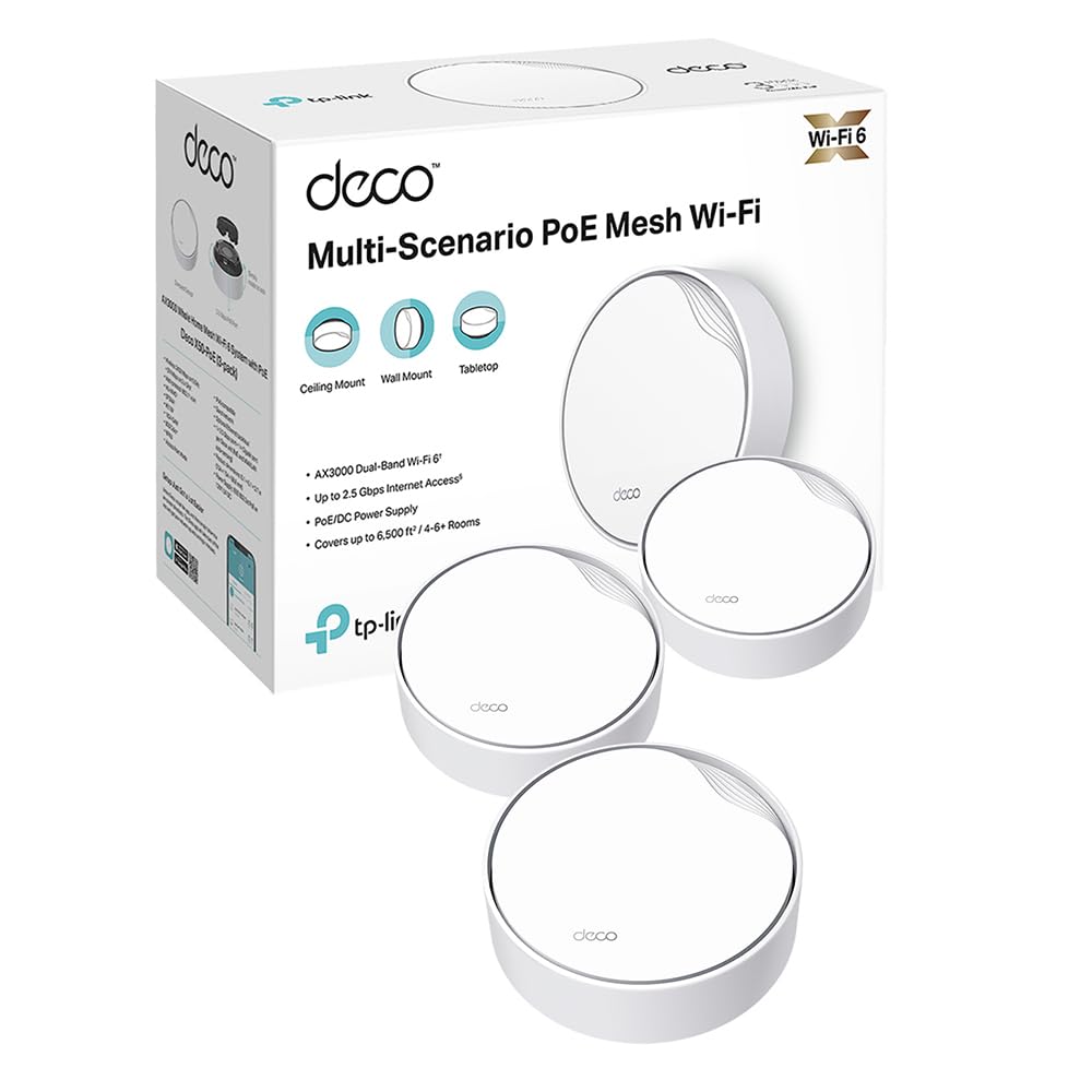 TP-Link TP-Link Deco WiFi 6 Mesh AX3000Mbps bi-Bande avec PoE Deco X50-PoE(3-Pack), Couverture de 600㎡, 1 Port 2,5 Gbit/s + 1 Port Gigabit, AI-Driven Mesh