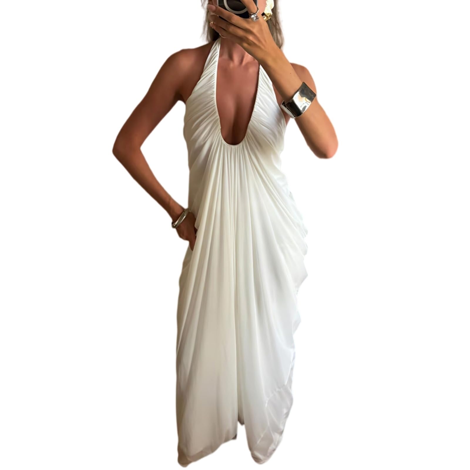 Vestito Moda Donna Senza Schienale Maglia Maxi Abito, Abito Maniche Halter Piegato per Cocktail Party E Abbigliamento Serale-White-m