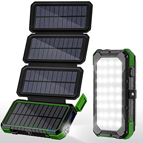 Power Bank Solaire 26800mAh avec 4 Panneaux, Chargeur Solaire Sortie/Entrée USB-C 18W Charge Rapide avec Lampe de Poche LED Lumineuse Mode SOS, Batterie Externe Compatible avec Tous Les Appareils Cover