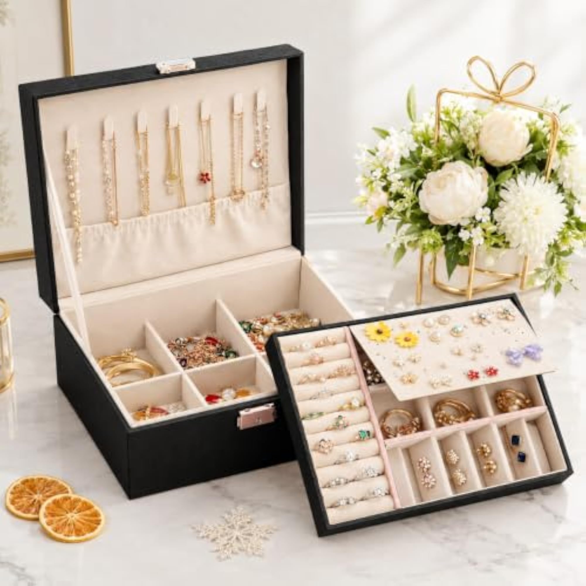 Black Jewellery Organizer Box with Necklace, Earring & Ring Compartments