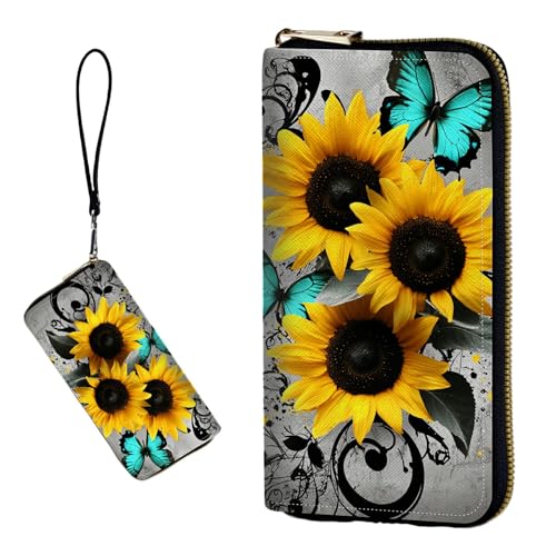 Women's RFID Blocking Wallet PU Leather Slim Bifold Wristlet Clutch with Large Capacity,16 Card Slots & Zipper Coin Purse Pocket Ladies Travel Purse Wristlet,Sunflowers Blue Butterflies