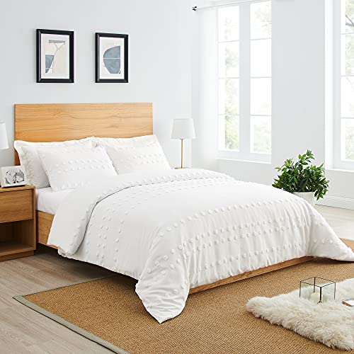 Image of Boho Shabby Chic Bohemian Ivory Textured Tufted Duvet Comforter Cover and Sham 3 pc. Full Queen Size Bed Bedding Set Bedroom Aesthetic Neutral Modern Polka Dot PomPom Beige Urban Tufted Off White