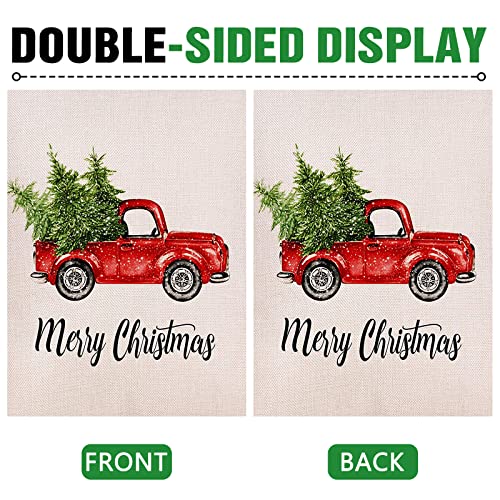Dyrenson Decorative Merry Christmas Garden Flag Vintage Tree, Home Xmas Quote House Yard Flag With Red Truck, Rustic Winter Garden Yard Decorations, New Year Seasonal Outdoor Flag 12 X 18 Holiday #TOP2