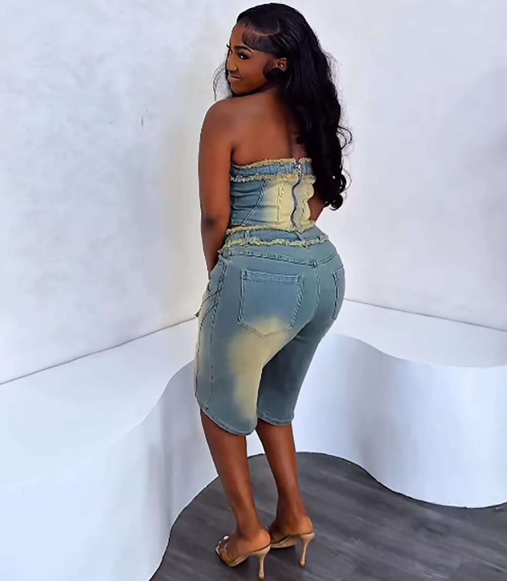 Molilove Women's Vintage Two Piece Denim Outfits Sleeveless Tube Top and Short Pants Y2K Jeans Set Summer Tracksuits - Image 5