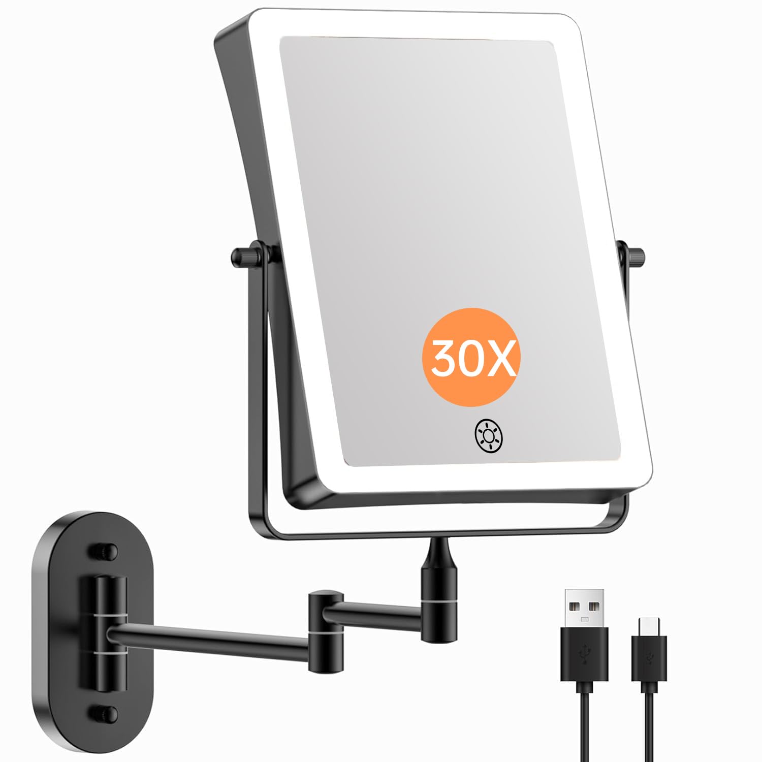 Famihomii 5000mAh Wiederaufladbar Kosmetikspiegel mit LED Beleuchtetung, Schminkspiegel mit 1-/30X Vergrößerung Und Touchschalter Batterie, Dimmbarer Rasierspiegel 360° Schwenkbar Wandmontage