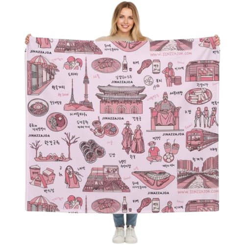 JINZZAJOA Seoul Korea Throw Blanket (Pink) - Line Art of Seoul Attractions, K-Culture & K-Pop Fan Gift, Souvenir