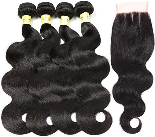 Mureen Brazilian Hair 4 Bundles with Closure Body Wave 4×4 Virgin Hair Lace Closure with Bundles Unprocessed Human Hair Extensions Weave Weft With Closure Natural Color (20 22 24 26 +20, Three Part)