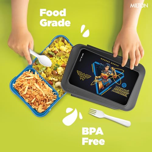 Image of Milton Berry Tiffin Lunch Box for Kids Boys & Girls with Leak-Proof Inner Container| Food Grade,BPA Free,Compact & Durable Snacks Box for kids I Plastic Spoon & Fork, 850 ml, Wonder Woman print, Black