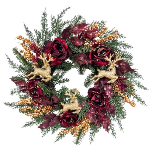 Svndlyn 22 Inch Pre-Lit Artificial Christmas Wreath Rose Wreath with Glitter Christmas...