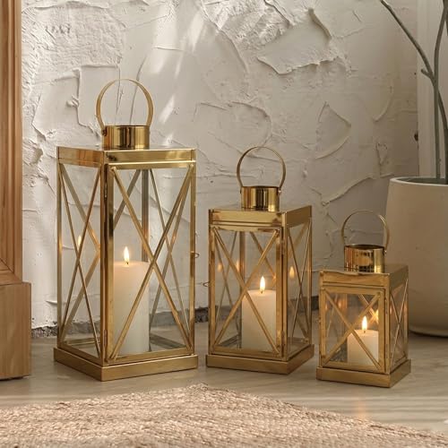 Image of TRIROCKS Gold Stainless Steel Lantern Set of 3-Square Elegance 8 /12 /16 Inch Opulent Metal Candle Lanterns Candle Holder with Tempered Glass for Home Garden Indoor Outdoor Decor Celebratory Everyday