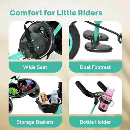 Image of R for Rabbit Tiny Toes R20 Plus Tricycle for Kids with Rubber Wheels, Adjustable Parental Control, Front & Rear Storage Basket | Baby Trike Cycle for 2 to 5 Year, Upto 25 Kgs Boy & Girl (Aqua Blue)