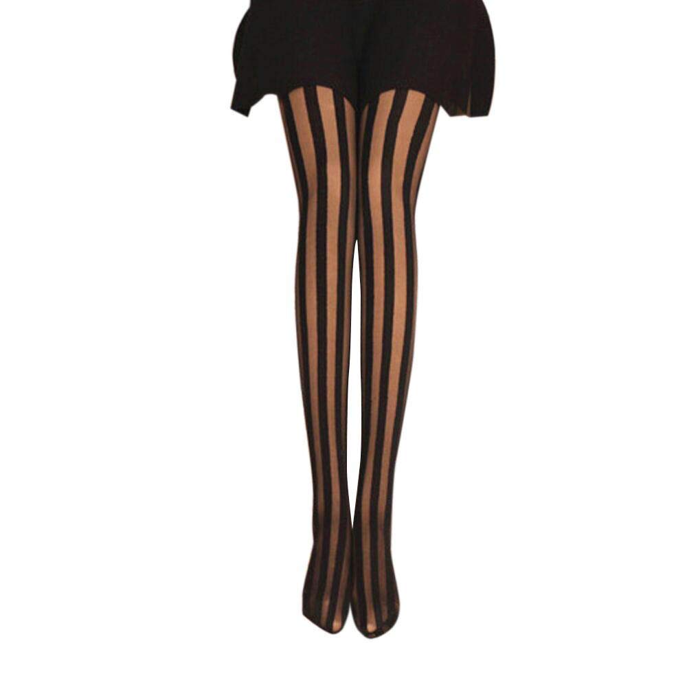 Pearl's Women's Vintage Sexy Sheer Wide Vertical Stripe Pantyhose Tights Retro Classic Hosiery - Black - One Size