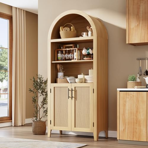 GarveeHome Arched Bookcase with Doors - 5 Tier Open Display Shelf with Rattan Decor, Modern Bookshelf Storage Cabinet for Home Office Living Room Library, Natural by GarveeHome - Used condition - Image 3