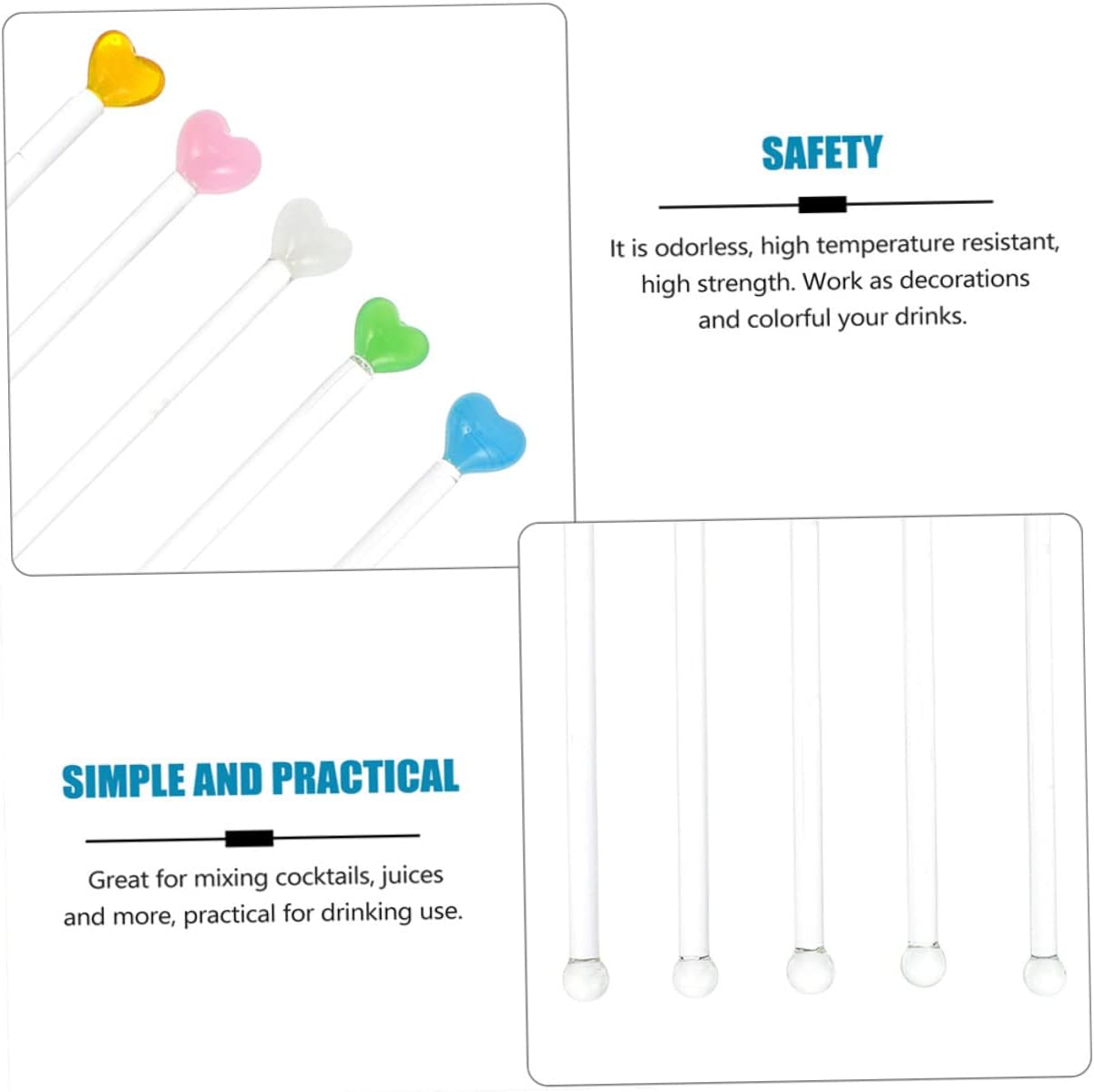 Luxshiny 4-Piece Multi-Color Heart Glass Stirring Sticks Set Long Handle Cocktail Swizzle Sticks for Juice Coffee and Party Drinks