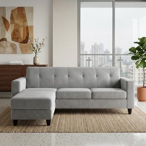 Image of Homeboy 4 Seater L Shape Sofa Set with Movable Ottoman | Flexible Left or Right Layout | Luxe Velvet Suede Fabric | Comfortable Seating | Modern Sofa for Living Room -Light Gray