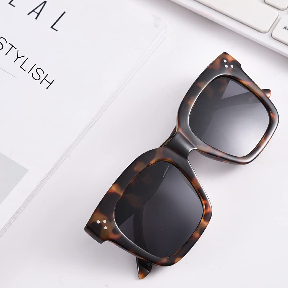 Übergroße Damen-Sonnenbrille, Vintage-Stil, luxuriös, quadratisch, UV400-Schutz, flache Gläser, Bernsteinfarbener Schildpatt-Rahmen, schwarze Linse, Large