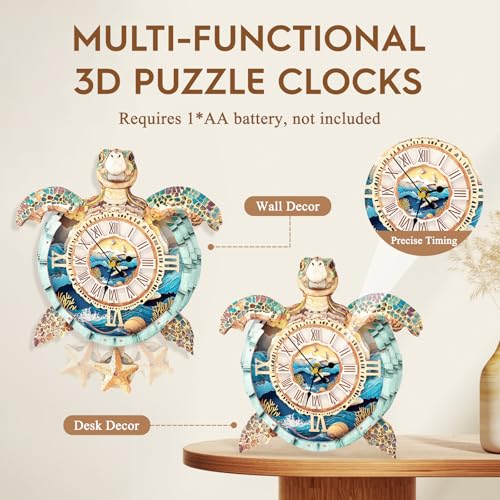 Kit de modèle d'horloge puzzle 3D tortue de mer en bois - 5