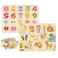 2Pcs Wooden Jigsaw Puzzles for Kids 3+ Year Olds, Farm Animal Number Wooden Peg Puzzles Educational Learning Kids Toys, Birthday Gift for Boys Girls