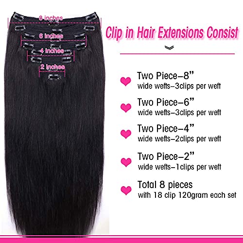 Straight Human Hair Clip In Hair Extensions For Black Women 100% Unprocessed Full Head Brazilian Virgin Hair Natural Black Color,8/Pcs With 18Clips,120 Gram (26Inch, Straight Hair) #TOP3