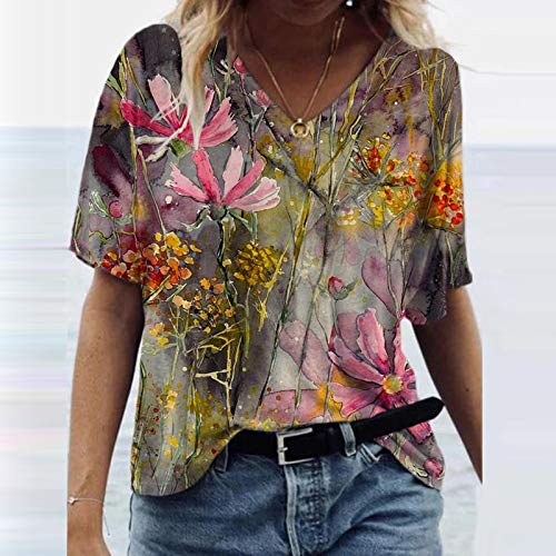 Women Summer V Neck Tshirt Top Trendy Floral Print Casual Loose Fit Blouses Short Sleeve Plus Size Workout Tunic Tees #TOP1
