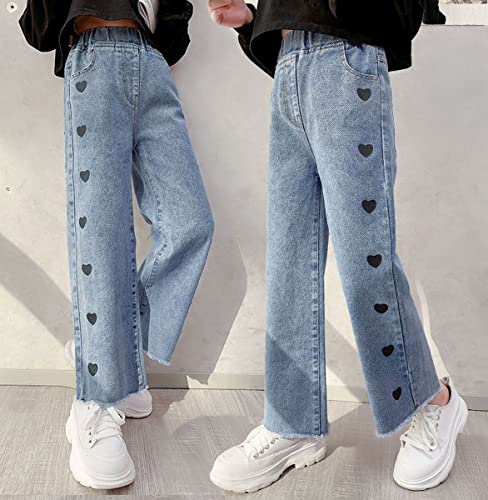 Naber Kids Girls Lovely Heart Pattern Printed Denim Pants Elastic Waist Loose Straight Jeans For 5-15 Years(Style1,13-14 Years) #TOP2