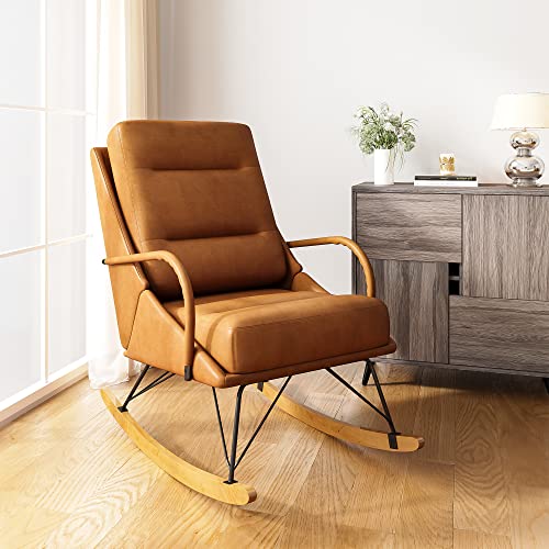 Hernest Faux Pu Leather Rocking Chair Nursery Glider Chair With Cushion And Solid Wood Base Comfy Upholstered High Back Rocking Accent Chair Indoor Arm Chair For Living Room Bedroom Brown #TOP4