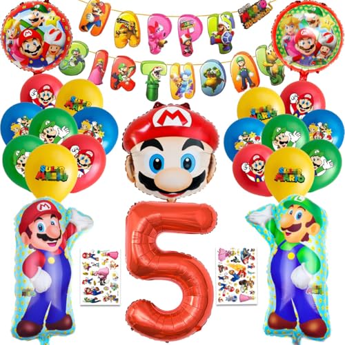 5 ans Ensemble de décorations d'anniversaire pour enfants, 25 objets décoratifs sur le thème du jeu vidéo, Comprenant bannière, Autocollants tatouage,...