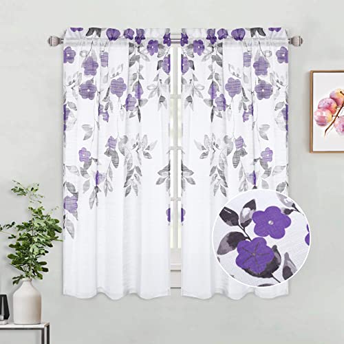 HOMERRY Halbe Fenster Stufenvorhänge Druck Blume Kleine Fenstervorhänge Badezimmer Kurze Vorhänge Bauernhaus Cafe Vorhänge Violett 66 cm B x 114 cm L Cover